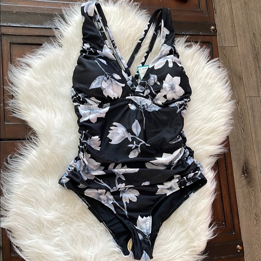 Elegant Black and White Floral One Piece Swimsuit